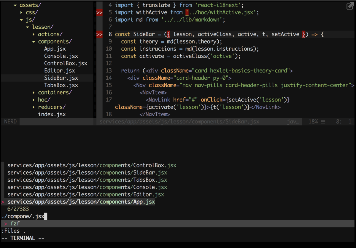  vim с настроенным линтером, файловым деревом NERDTree и нечетким поиском с fzf