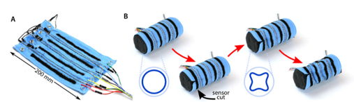 активный жгут, надеваемый на руку. Он способен обнаружить повреждение поверхности по изменению показаний сенсорной полоски и в таком случае сжимается вокруг руки при помощи волокон с памятью формы и увеличивает собственную жесткость с помощью эпоксидно-металлических волокон.