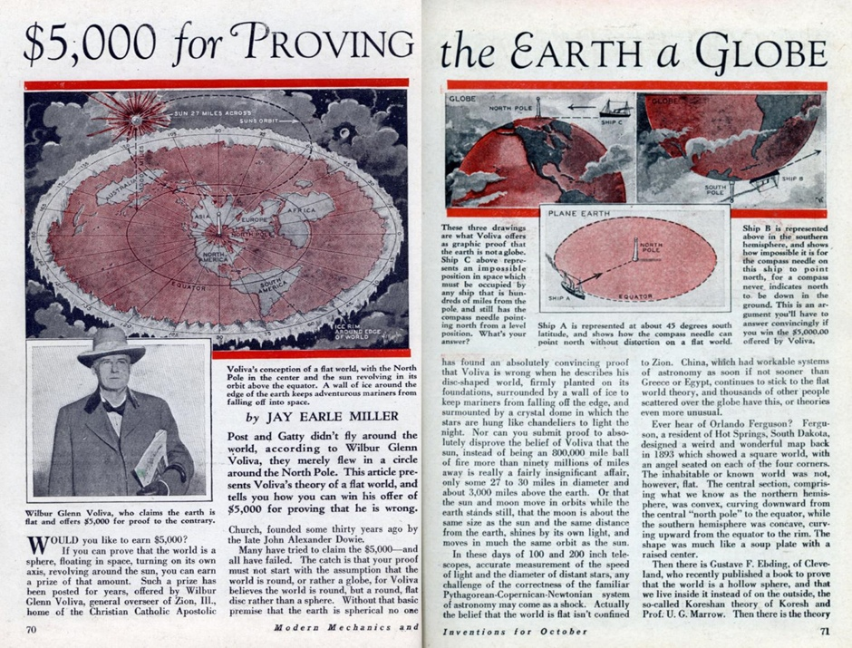 Статья в “Современной механике” о премии, учрежденной Воливой, 1931 год. Источник: https://web.archive.org/web/20120205001209/http://blog.modernmechanix.com/2006/05/19/5000-for-proving-the-earth-is-a-globe/