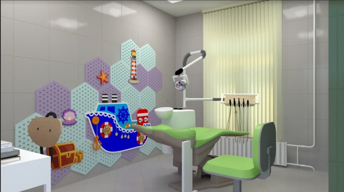 Кабинет стоматолога. Оформление: настенные панели «Соты» и бизиборд «Корабль»