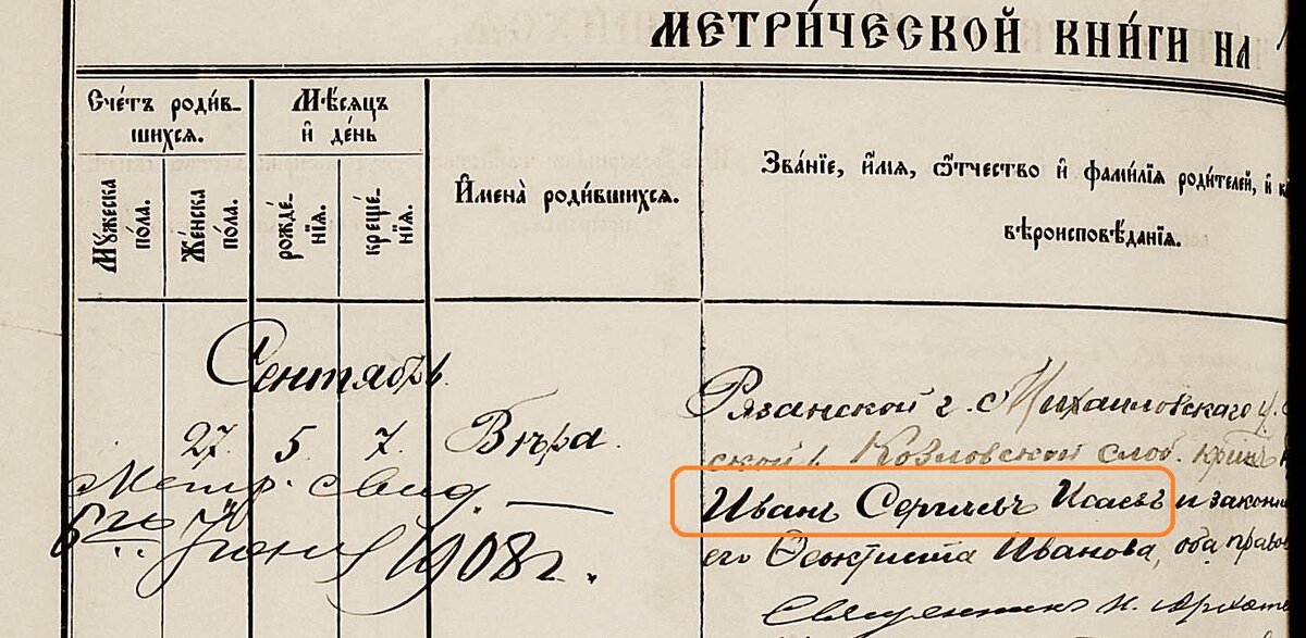 1899 год. Запись о рождении сестры Сергея Ивановича Исаева. 