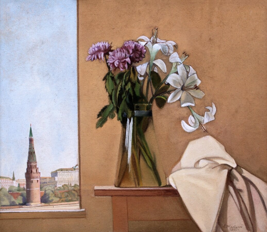 4. Жабский Алексей Александрович. Хризантемы и лилии. Оргалит, темпера. 70х80. 2005. Государственный музей изобразительных искусств Республики Ингушетия. Изображение отсюда: yavarda.ru