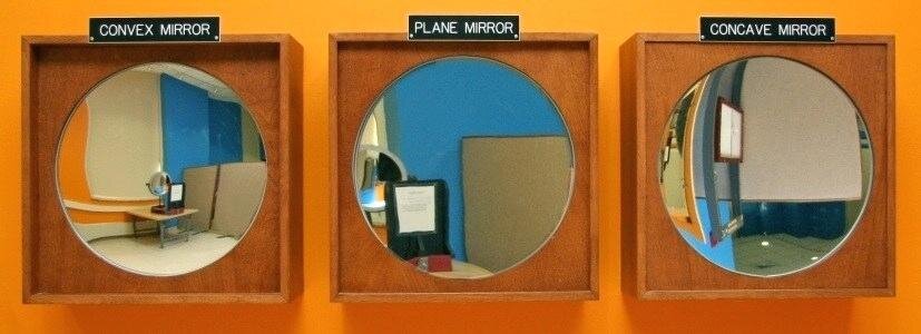 Разница в формировании отражений разными зеркалами - слева выпуклое зеркало, в центре плоское, справа - вогнутое, которые Источник изображения: physics.wisc.edu