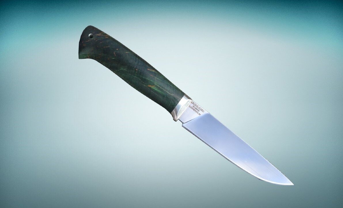 Нож "Ласка", клинок из Elmax c полной взрезкой, рукоять - стабилизированное зеленое дерево, литье из мельхиора