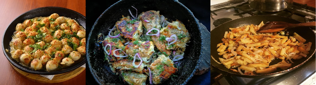 Поджаренный ужин на сковороде. Коллаж из Яндекс-Картинок.