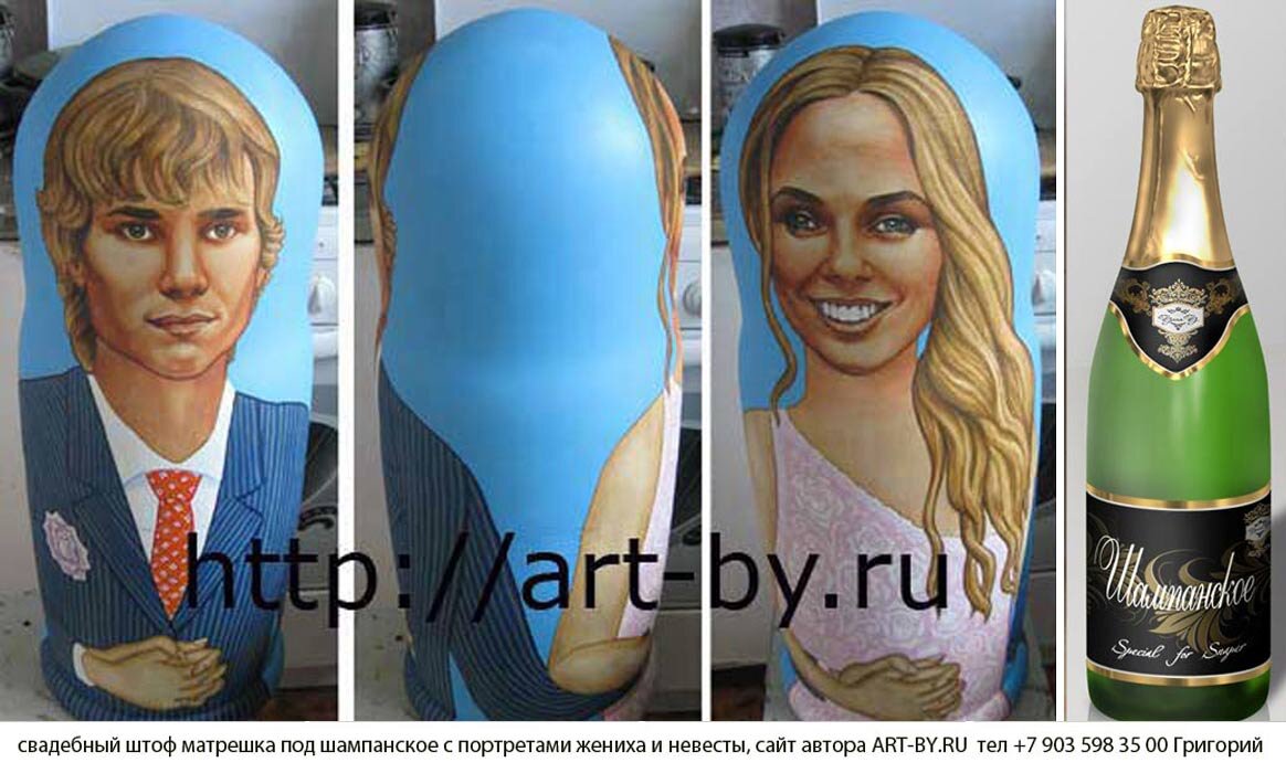 подарок на свадьбу от друзей, портретная матрешка из одной куклы высотой 50 сантиметров, с двумя портретами, на одной стороне матрешки нарисован портрет жениха и на другой стороне матрешки портрет невесты, я обычно стараюст молоды рисовать вместе на одной стороне матрешки, но тут заказчики работы попросили нарисовать каждого на своей стороне,  и жених и невеста в свадебных костюмах