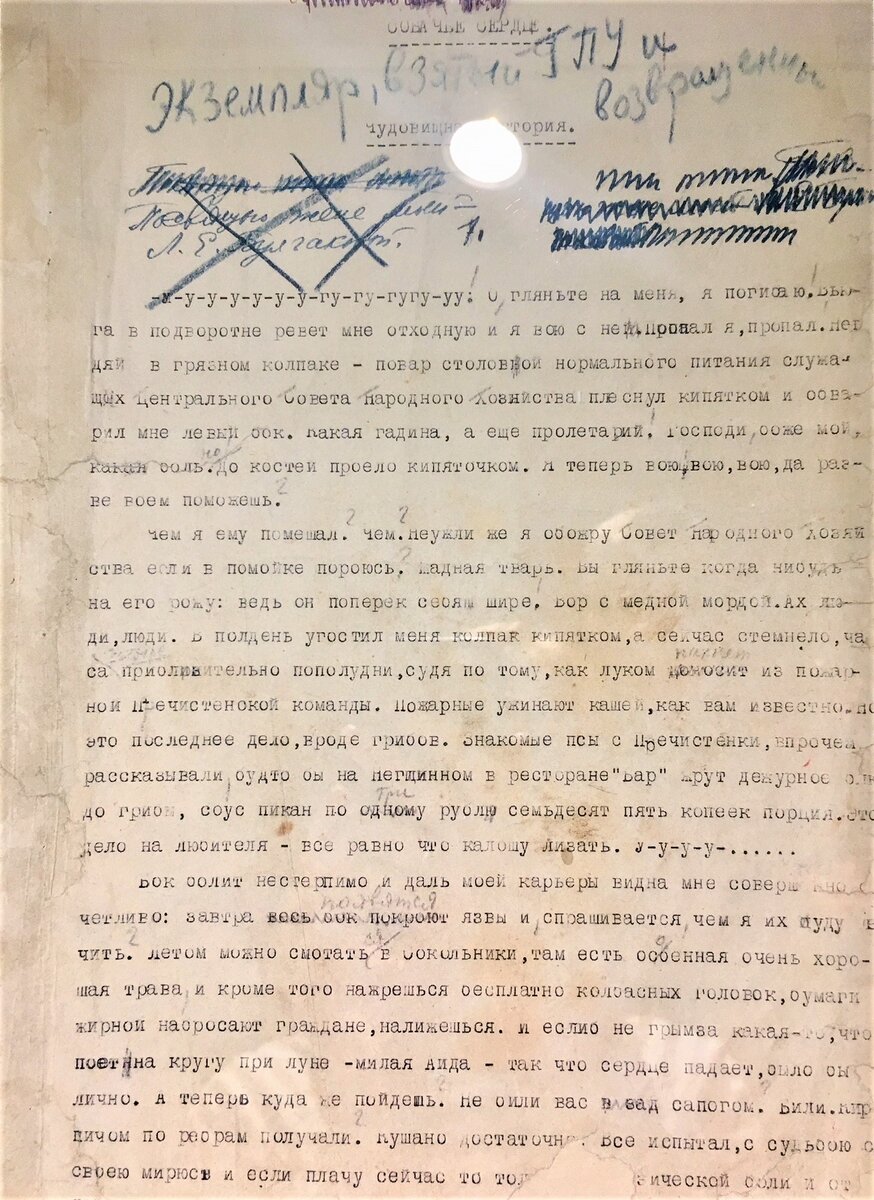  Надпись синим карандашом, сделанная М.А. Булгаковым на возвращённой ОГПУ копии "Собачьего сердца" 