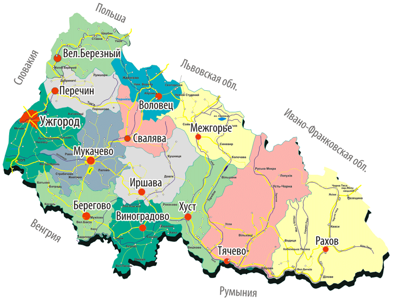 Карта закарпатской области подробная с городами и поселками и селами