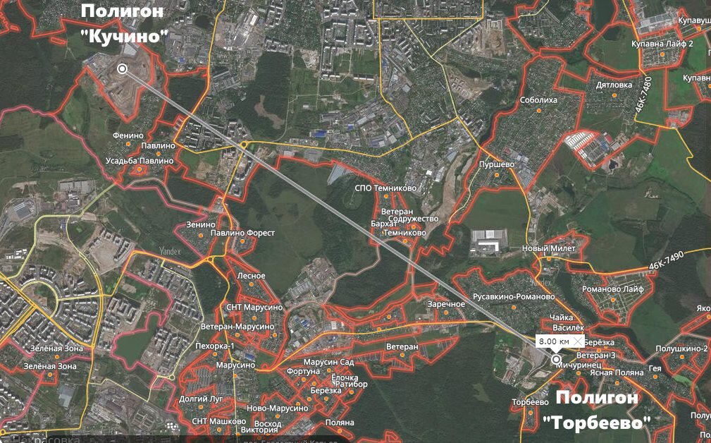 Расстояние между полигонами ТБО "Кучино и ""Торбеево".