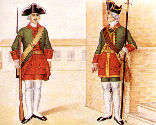 Рисунок 1. Форма солдата и офицера времен Петра 1. У солдата (слева) погон на левом плече, офицер находится справа. [6]
