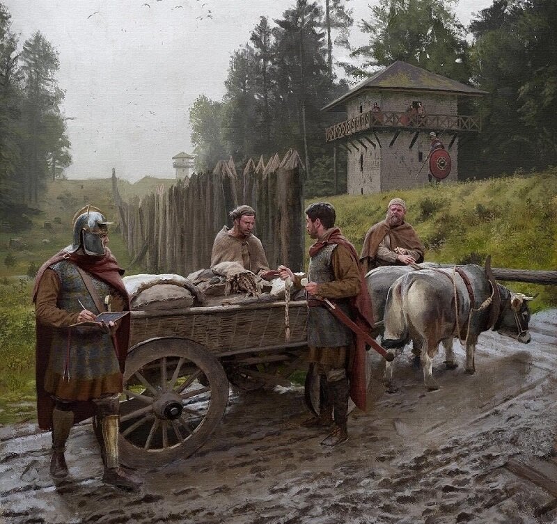 Римские солдаты проверяют груз, пересекающий границу, III век н. э. Иллюстратор: Samson J. Goetze