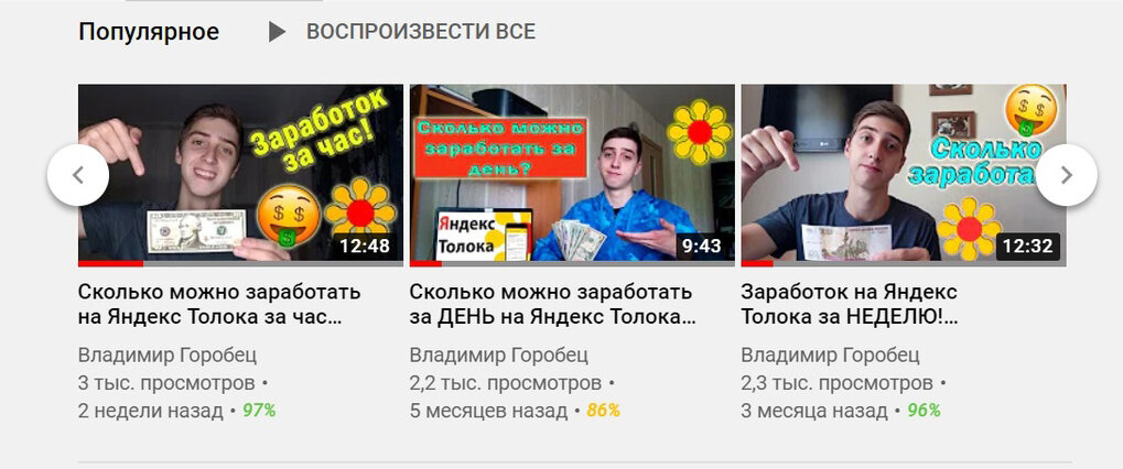 Впрочем, все видео про Толоку у меня неплохо набрали. А ведь я всего лишь рассказал, как там зарабатывал! В итоге я заработал и на самой Толоке, и извлек пользу с этого на Ютубе!