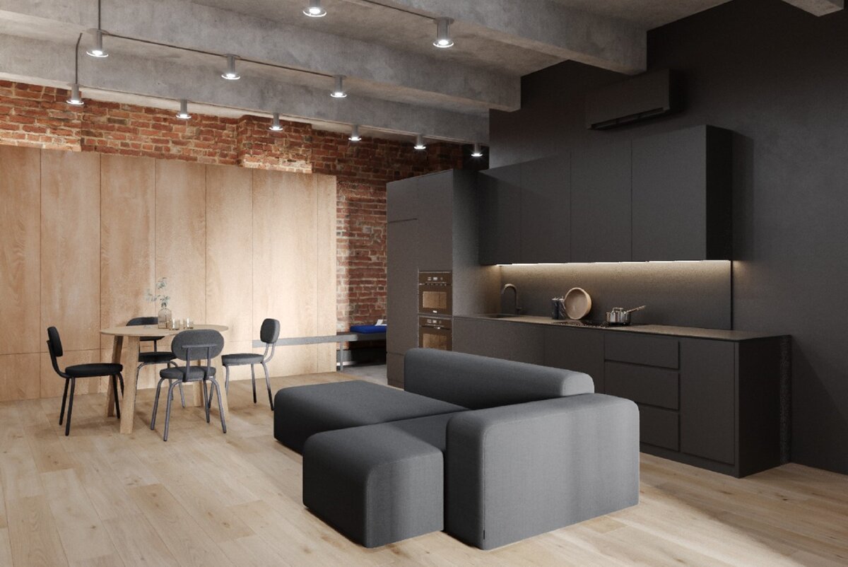 Поэтому часть апартаментов имеет отделку в стиле лофт — это очень созвучно образу места, где расположен комплекс.