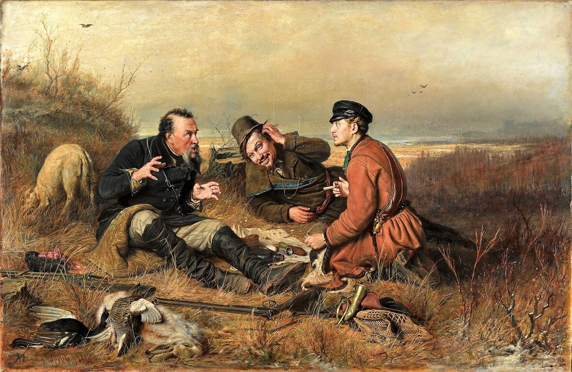 Василий Перов, «Охотники на привале», 1871, холст, масло, 119 × 183 см, ГТГ, Москва