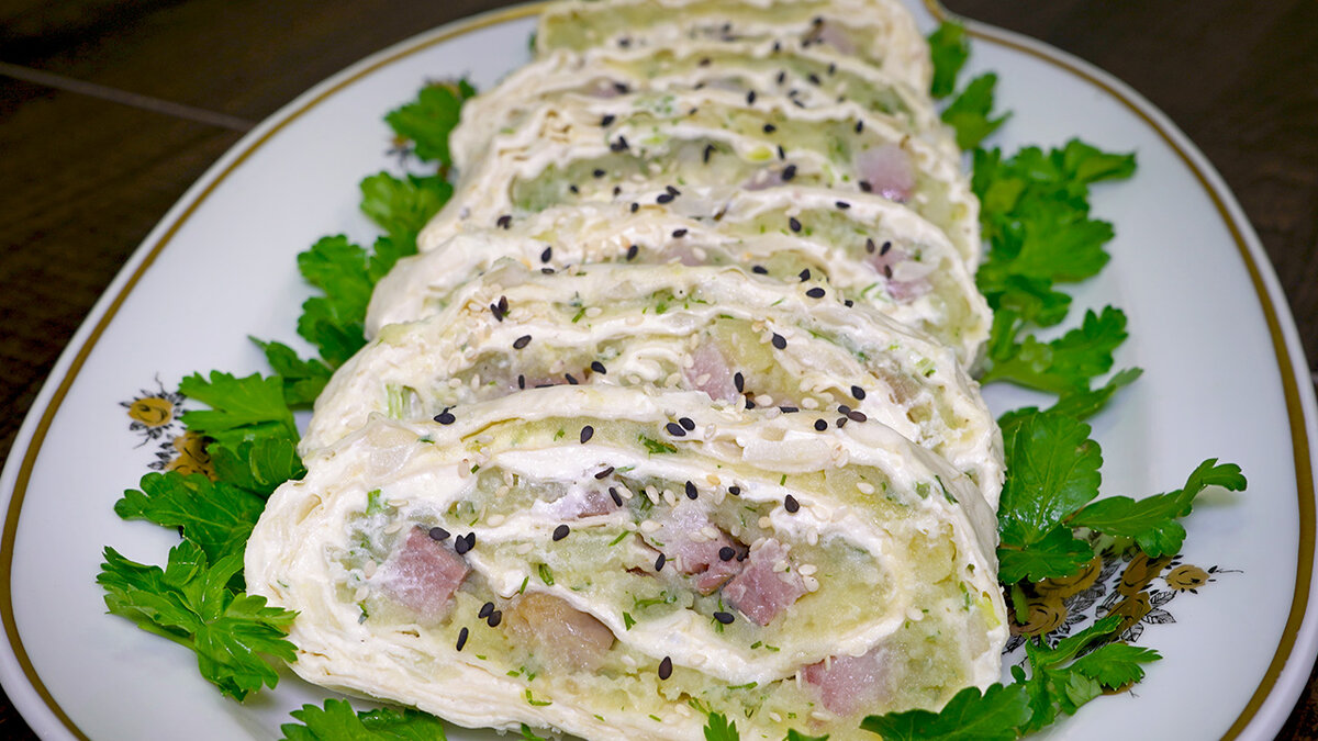 Вкусный рулет из лаваша с сельдью