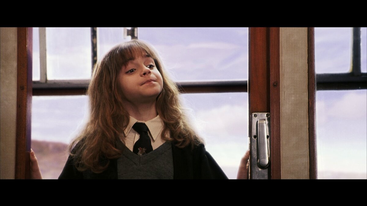 Знакомство с Гермионой в Хогвартс-экспресс. Кадр из фильма "Гарри Поттер и Философский камень"