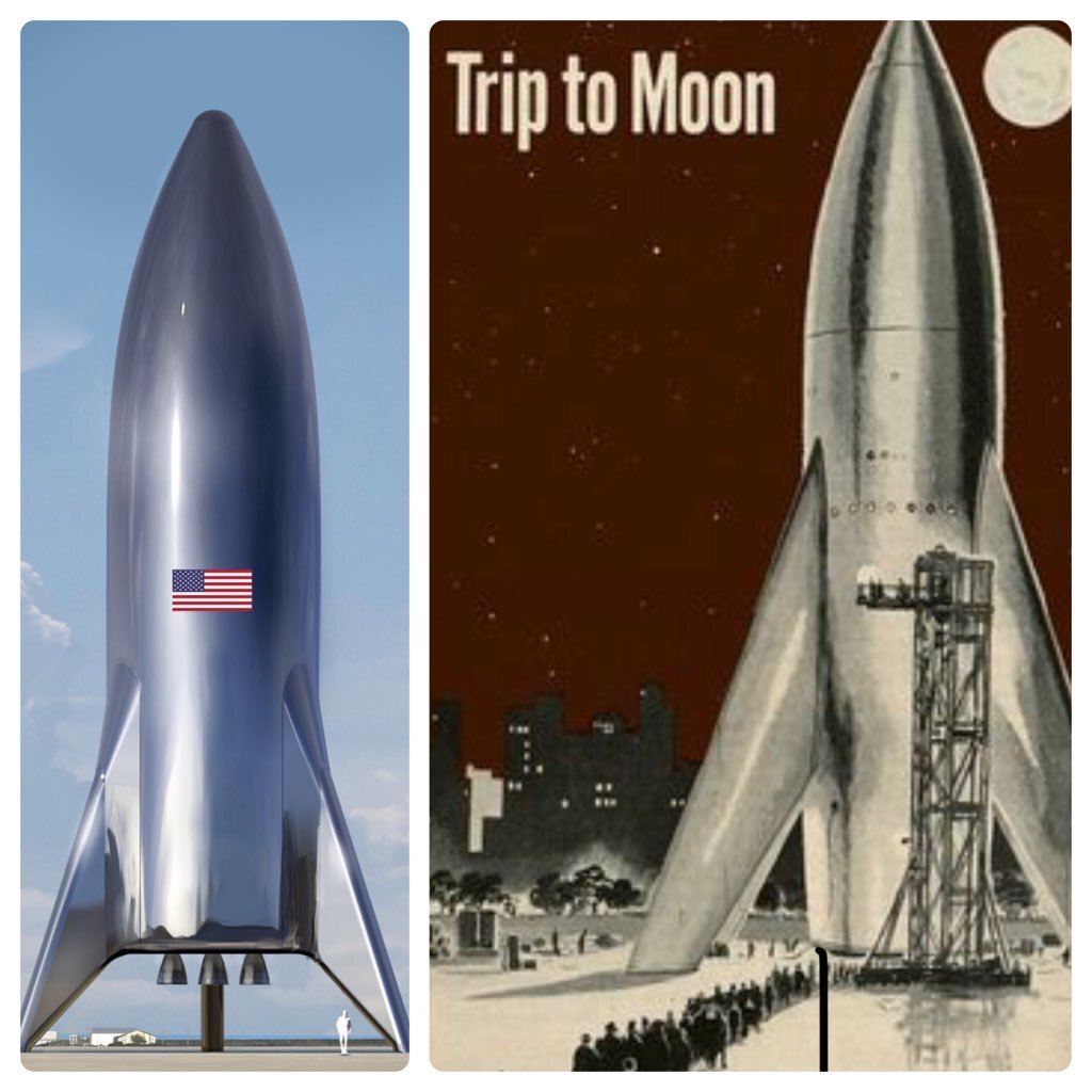 Слева новый прототип от Space X, справа плакат 50-тилетней давности. https://pbs.twimg.com/media/DwYmSpJWoAEX_Lx.jpg:large