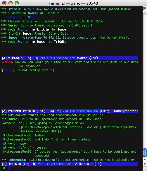 Xaric, текстовый клиент для Mac OS X By The original uploader was Triddle at English Wikipedia. — Transferred from en.wikipedia to Commons by IngerAlHaosului using CommonsHelper., BSD, https://commons.wikimedia.org/w/index.php?curid=8923382