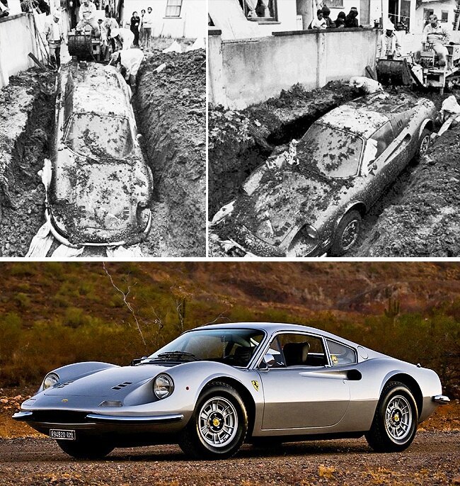 В 1978 году, копаясь в земле на заднем дворе дома в Лос-Анджелесе, двое детей нашли автомобиль Ferrari Dino 246 GTS. После того как полиция выкопала машину, было установлено, что авто числится в угоне. Предполагается, что кража машины и ее последующее захоронение было частью страховой аферы. Найденную Ferrari передали страховой компании, после чего авто было выставлено на аукционе. К сожалению, после пребывания в земле автомобиль был не в лучшем состоянии.