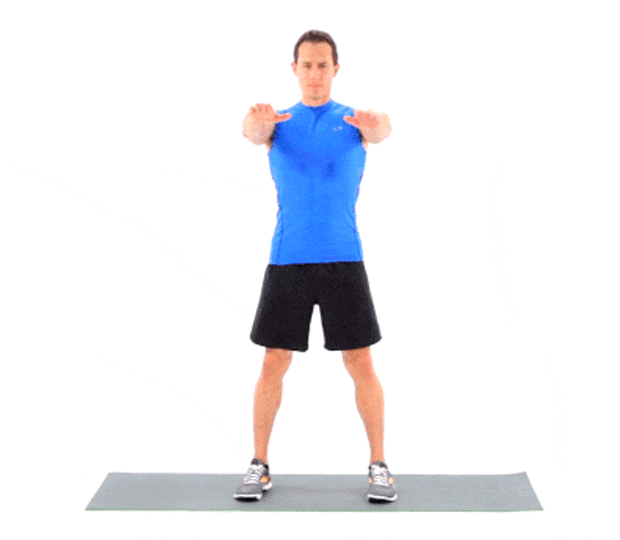 Для стандартного приседания ваши ноги должны быть на ширине плеч или немного шире. Вытяните руки перед собой и сядьте назад и вниз, держа голову лицом вперед. Убедитесь, что ваша спина не прогибается. Продолжайте опускаться, пока ваши бедра не станут параллельны полу. 