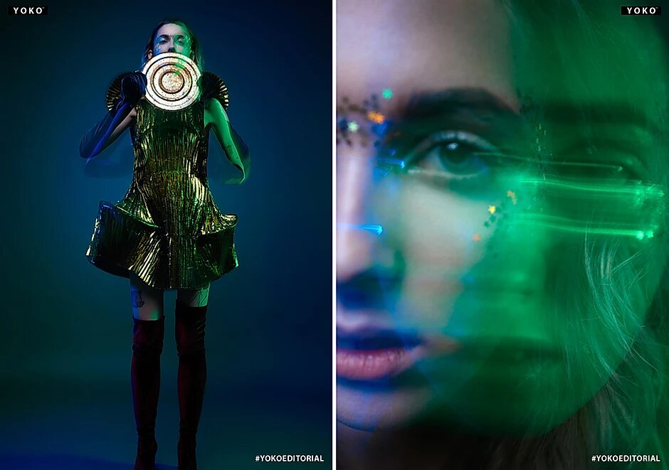  При комбинировании освещения в примере были использованы источники постоянного света с цветными гелиями и источник импульсного света с насадкой октобокс (фотограф Владимир Лёвин)