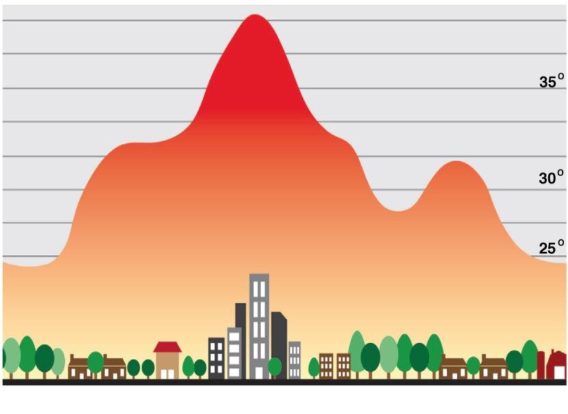 Температурные различия в разных частях города, а также в пригородной местности. Можно видеть эффект городского "острова тепла". Фото с сайта geografia.uc.cl
