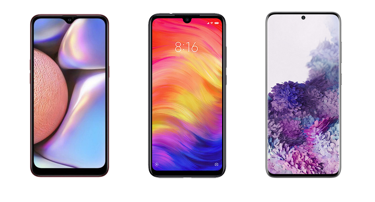 Samsung Galaxy A10 (TFT), Redmi Note 7 (IPS), Samsung Galaxy S20 (OLED)