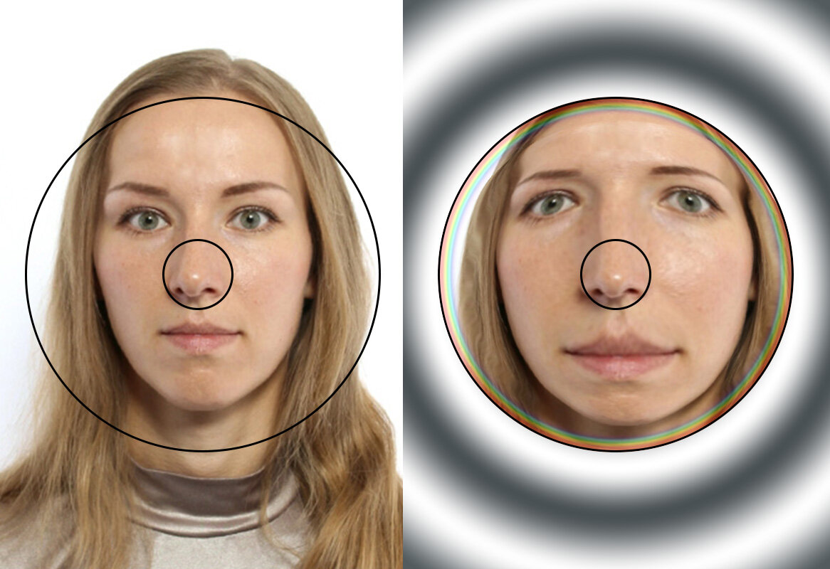 Фотография с эффектом "рыбьего глаза". Рыба смотрит с глубины 283 пикселя, диаметр большого круга 500 пикселей. Внутренняя и внешняя окружности даны для сверки. 