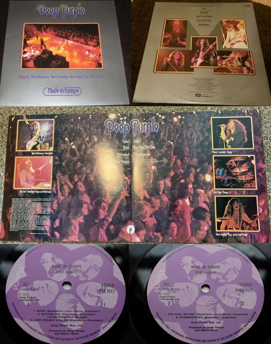Первый английский выпуск альбома Deep Purple "Made in Europe", 1976 г. с изображением Томми Болина на лейбле