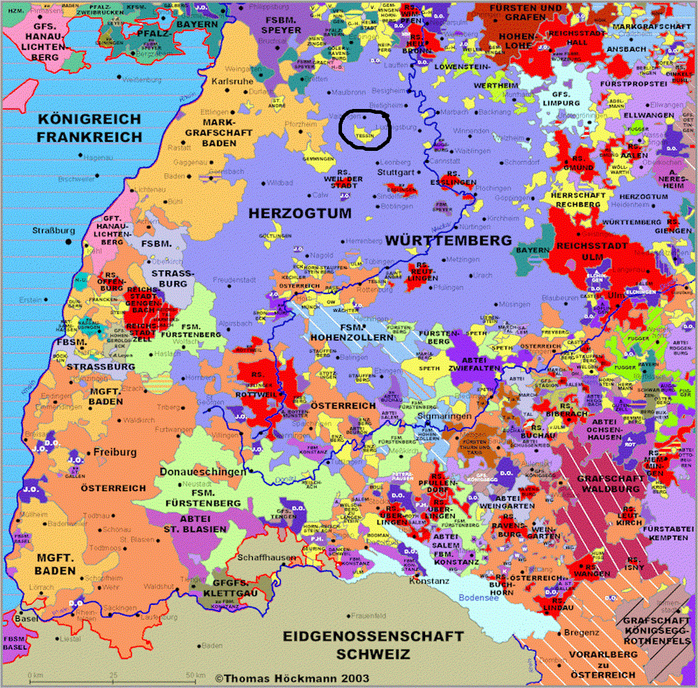 Карта Швабии в конце XVIII века. Земли имперских рыцарей отмечены желтым цветом, одно из относительно "крупных" владений я отметил черным кружком, чтобы вы поняли, о чем речь.