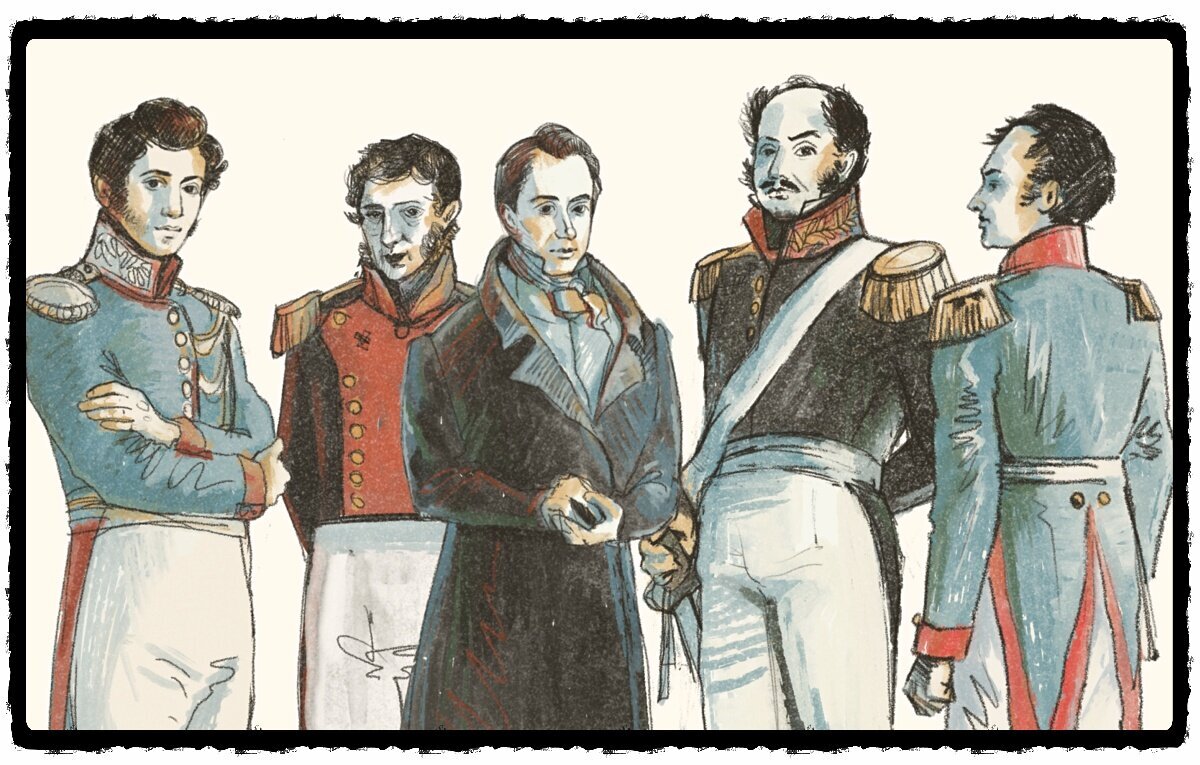 Пять главарей-заговорщиков. Кондратий Рылеев, Павел Пестель, Петр Каховский, Михаил Бестужёв-Рюмин и Сергей Муравьев-Апостол. 