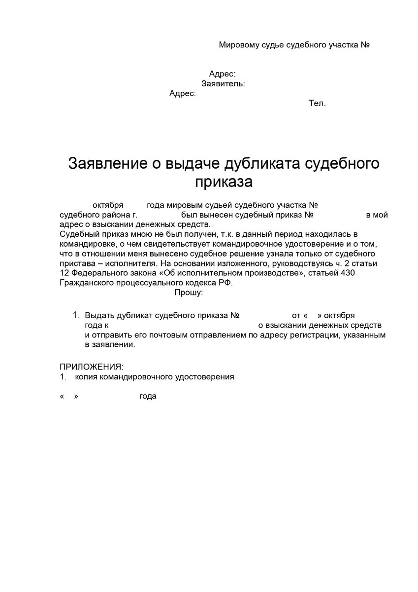 Образец заявление на выдачу дубликата судебного приказа
