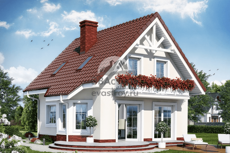 Проект дома 105 м2 с мансардой, эркером, балконом и террасой - 104-08