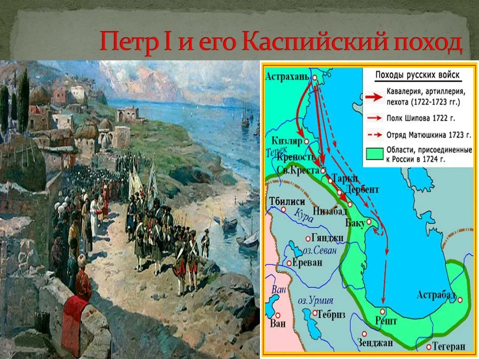 1722, 23 августа (3 сентября) - Русские войска при содействии Каспийской флотилии заняли крепость Дербент