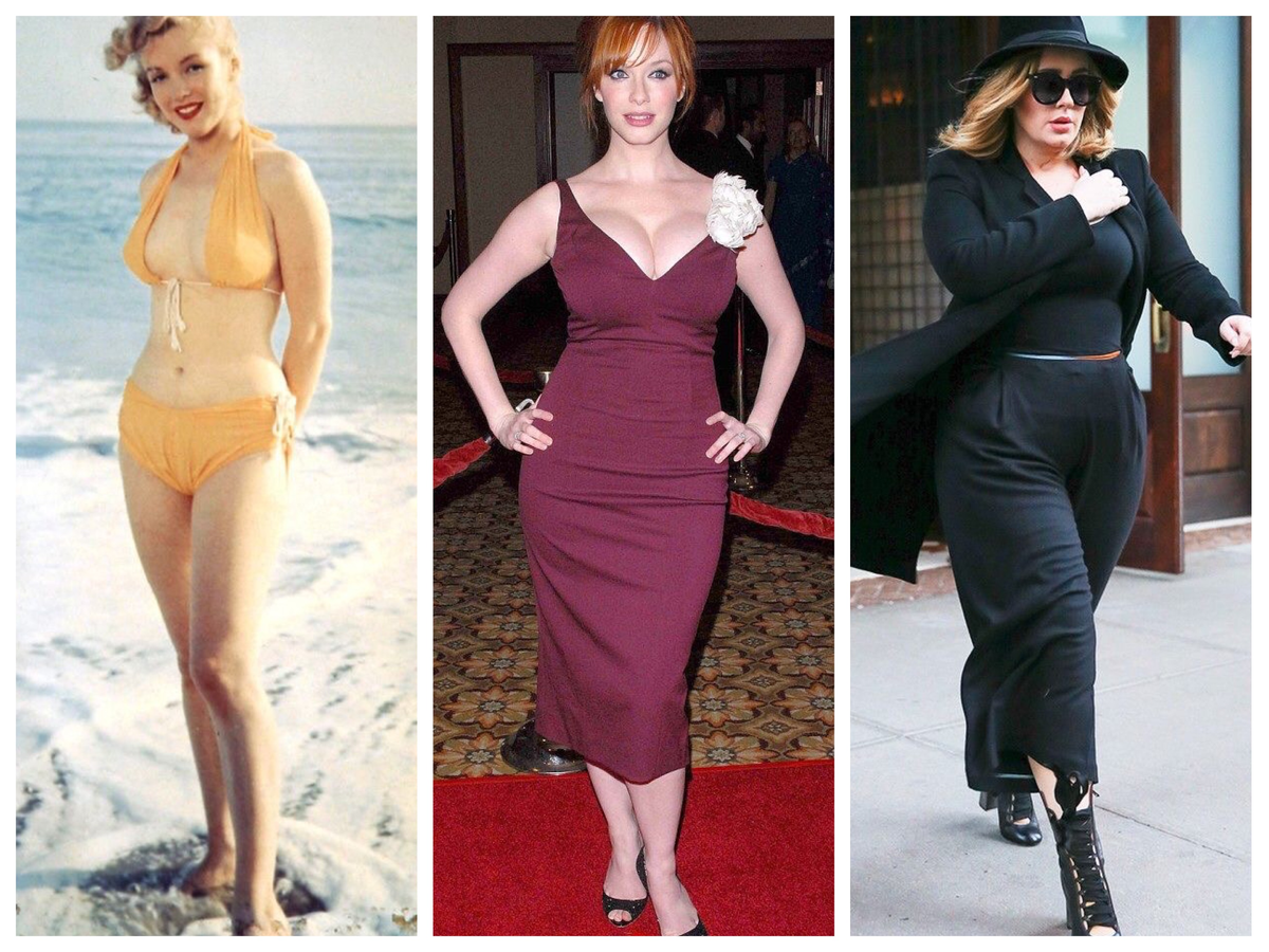 Большая грудь и бёдра, широкая, гармоничная фигура.