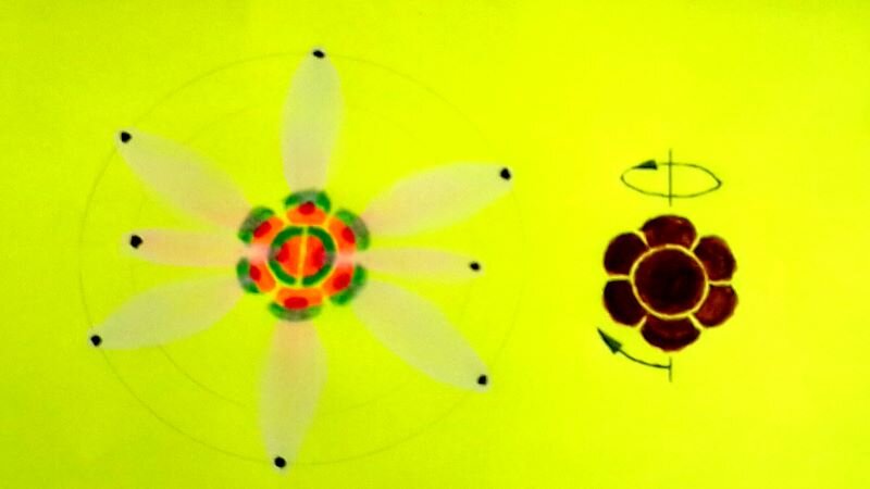 Схематический рисунок атома неона. Жёлтый фон - это смесь тёмной и вакуумной материи, которые являются проводником электромагнитной и гравитационной энергии.  Один электрон за ядром, а второй электрон находится перед ядром, и по этому на рисунке их не видно. Белый цвет это электромагнитное поле между протоном и электроном. Ядро атома - коричневый цвет - вращается по двум осям.