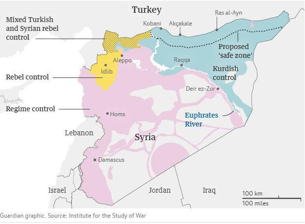 Карта Сирии с обозначением территорий под контролем сторон конфликта. Фиолетовый - правительство Сирии. Жёлтый - повстанцы и террористы. Бирюзовый - курды. Пунктирная линия - граница зоны безопасности, которую хочет создать Турция.