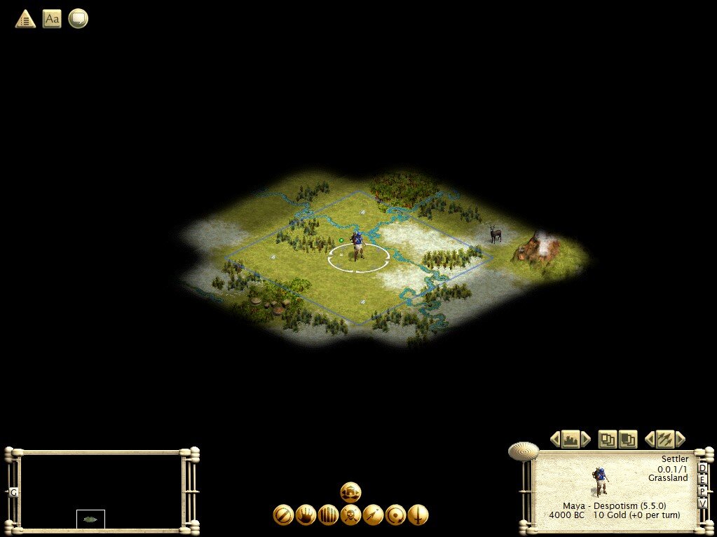 Начало всего в Цивилизации - первый поселенец, рабочий, воин-разведчик... и мрак неизвестности вокруг.