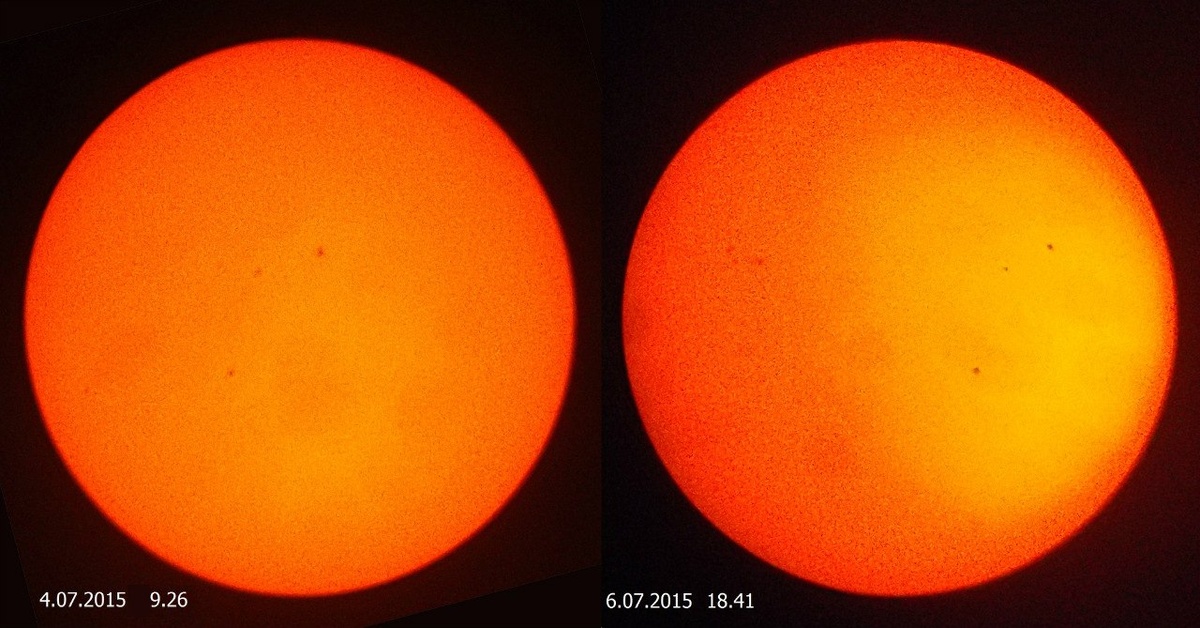 Сделанные автором снимки Солнца. Видно смещение группы пятен в центре диска вправо.