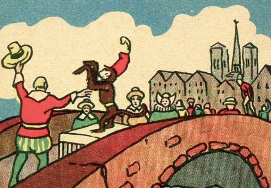 
Обезьяна «платит обезьяньей монетой» для прохода по Малому мосту в средневековом Париже