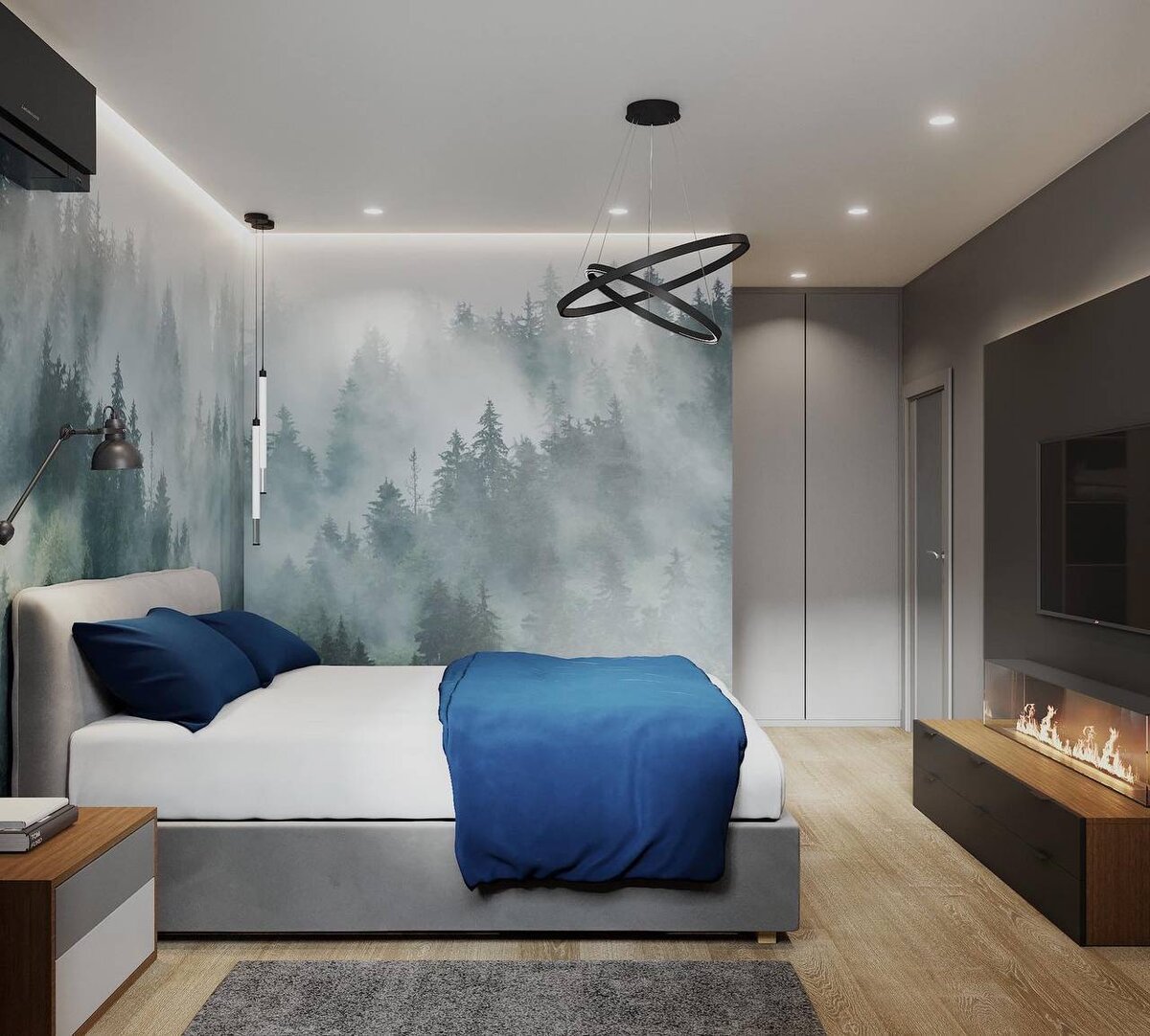 В спальне для молодого человека была продумана гардеробная при входе и рабочее место. Проект Ольги Пушкаревой, на части стен использованы необычные обои с лесом от "Wall Street" из коллекции FRAME