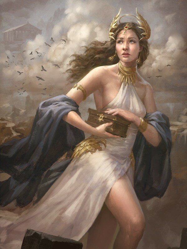 Пандо́ра  — "всем одарённая", или. "вседающая", в древнегреческой мифологии — первая женщина, создана по велению Зевса в наказание людям за похищение для них Прометеем огня.   Любопытная, она открыла полученный от Зевса сосуд, из которого тут же по миру разлетелись все несчастья и бедствия, а на дне, под захлопнутой крышкой, осталась одна лишь надежда.