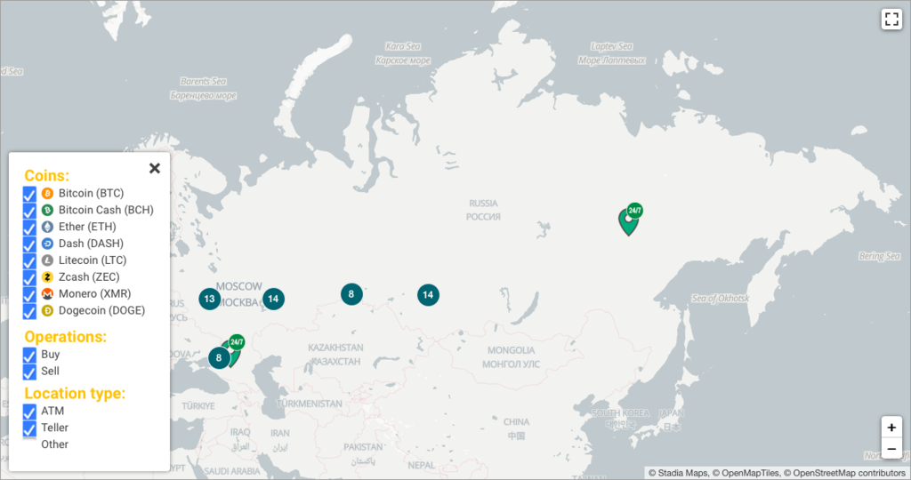 Банкоматы для покупки криптовалюты на территории Российской федерации. Источник CoinATMRadar