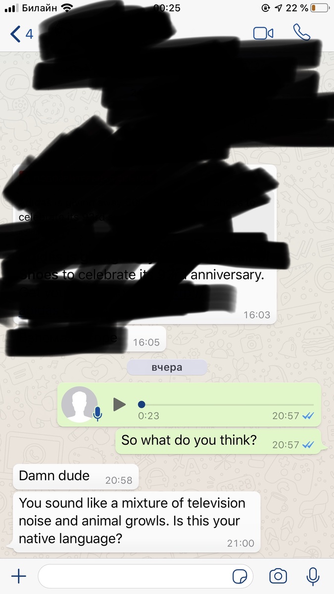 Скрин из WhatsApp. Вот так выглядела моя попытка понять, что же они слышат. В живую оно конечно лучше, но уж как есть