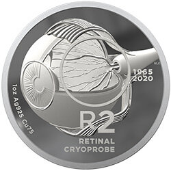 На реверсе этой монеты изображена анатомия глаза вместе с 1965 и 2020 годами, слова «RETINAL CRYOPROBE» и номинал «R2». 
Круг на короне - это место для мелкой монетки, которая, будучи помещенной на корону, создает впечатление процедуры криозонда на сетчатке.