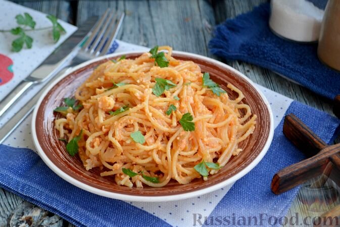 спагетти, яйца, лук репчатый, кетчуп, соль, перец чёрный молотый, масло растительное, паприка молотая, зелень петрушки