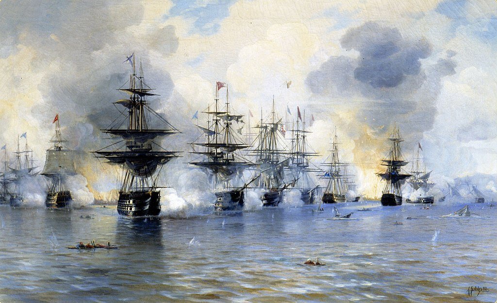 1827, 8 (20) октября - Наваринское морское сражение союзных эскадр России, Англии и Франции  с турецко-египетским флотом  ("Наваринское сражение". Худ. Л. Блинов).