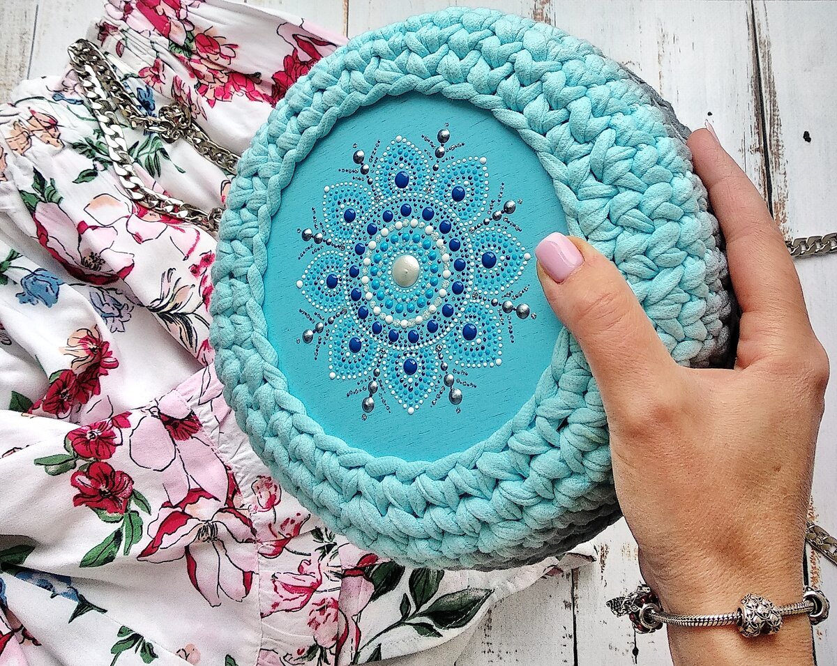 Круглая сумка, Д 22см, с росписной деревянной боковиной