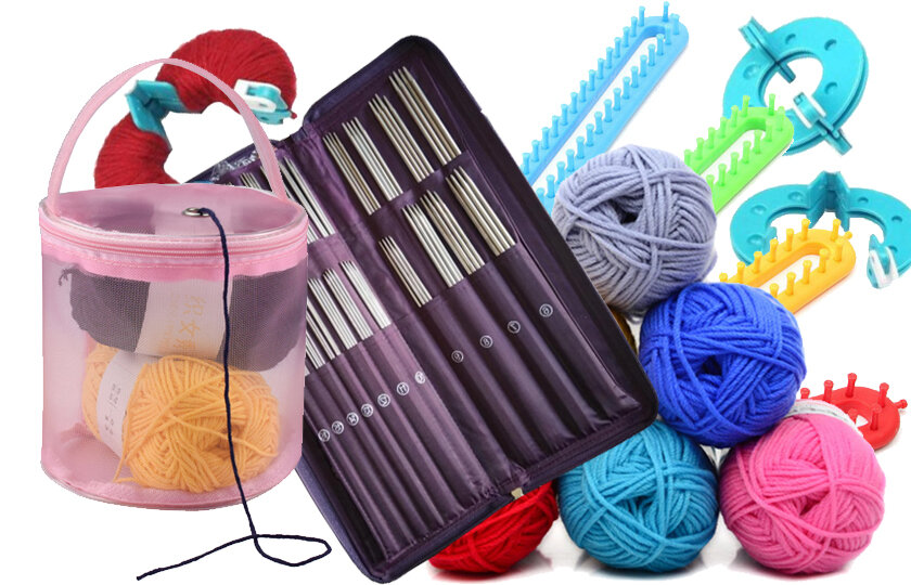 подарочная корзина для вязальщицы. принадлежности швеи. коробка для вязания и рукоделия. подарочные наборы из пряжи. корзина с пряжей в подарок.