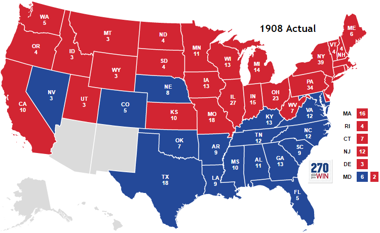 Политическая карта президентских выборов 1908 года: синие штаты голосовали за Брайана, красные — за Тафта